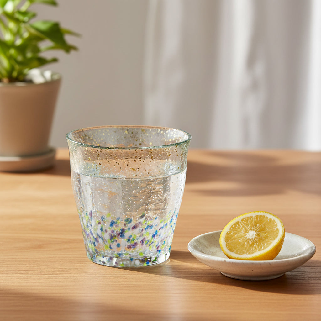 Clear glass tumbler with colorful speckles on a white background